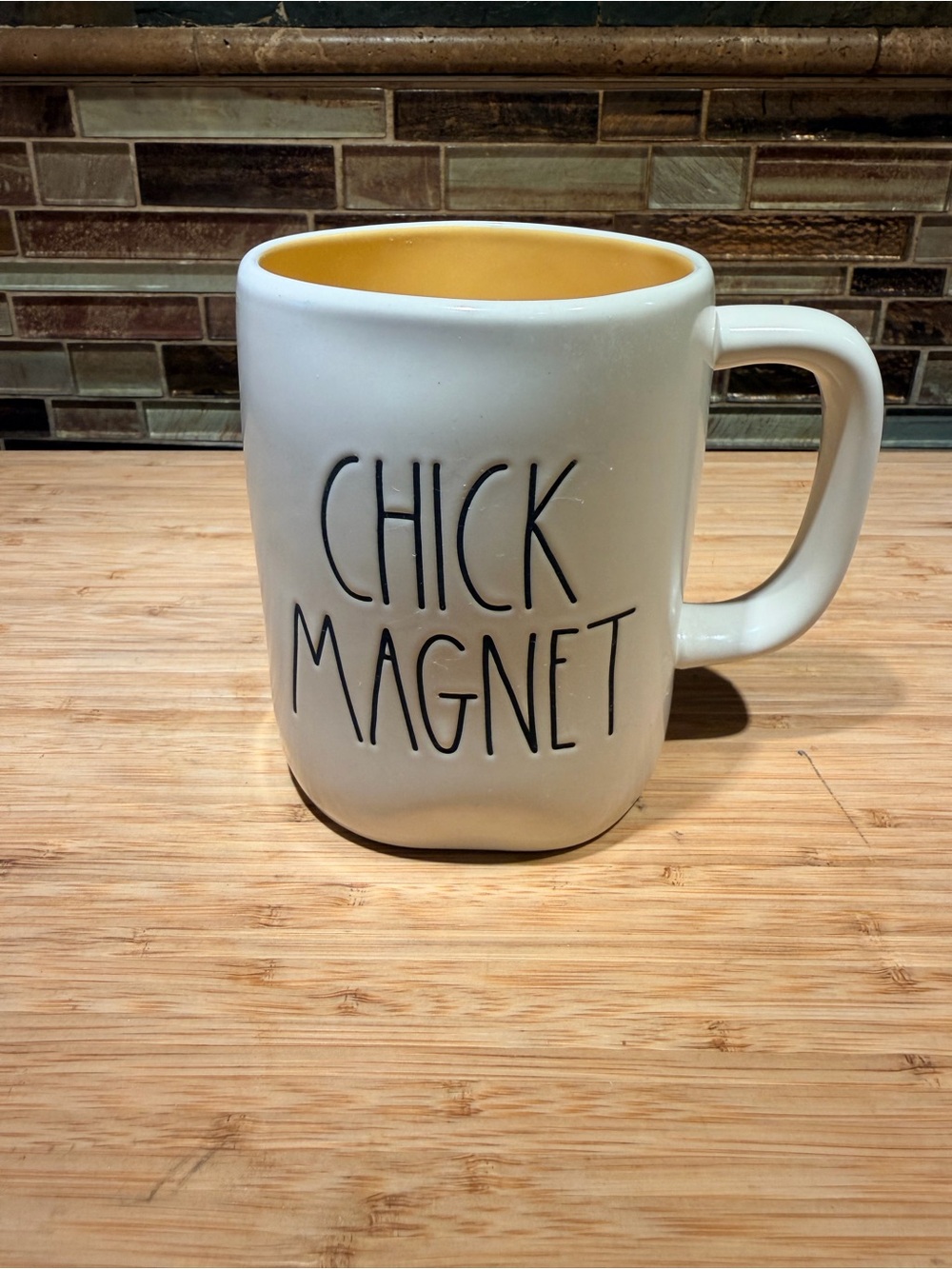 Rae Dunn 'CHICK MAGNET' Mug — Cream Exterior with Yellow Interior